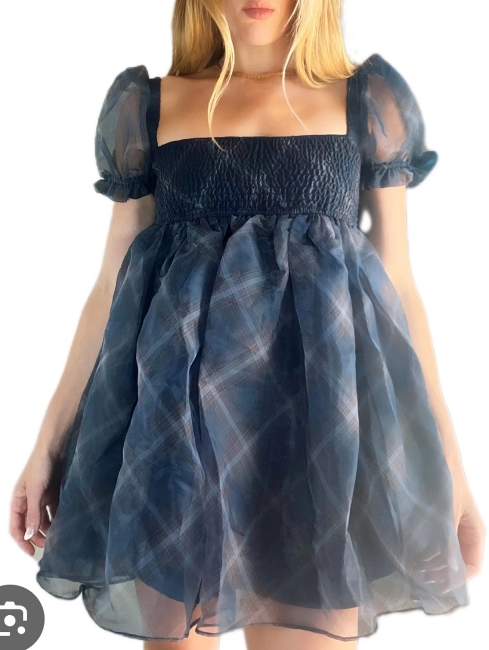WEWOREWHAT Plaid Organza‎ Puff Sleeve Smocked Square Neck Mini Dress Small